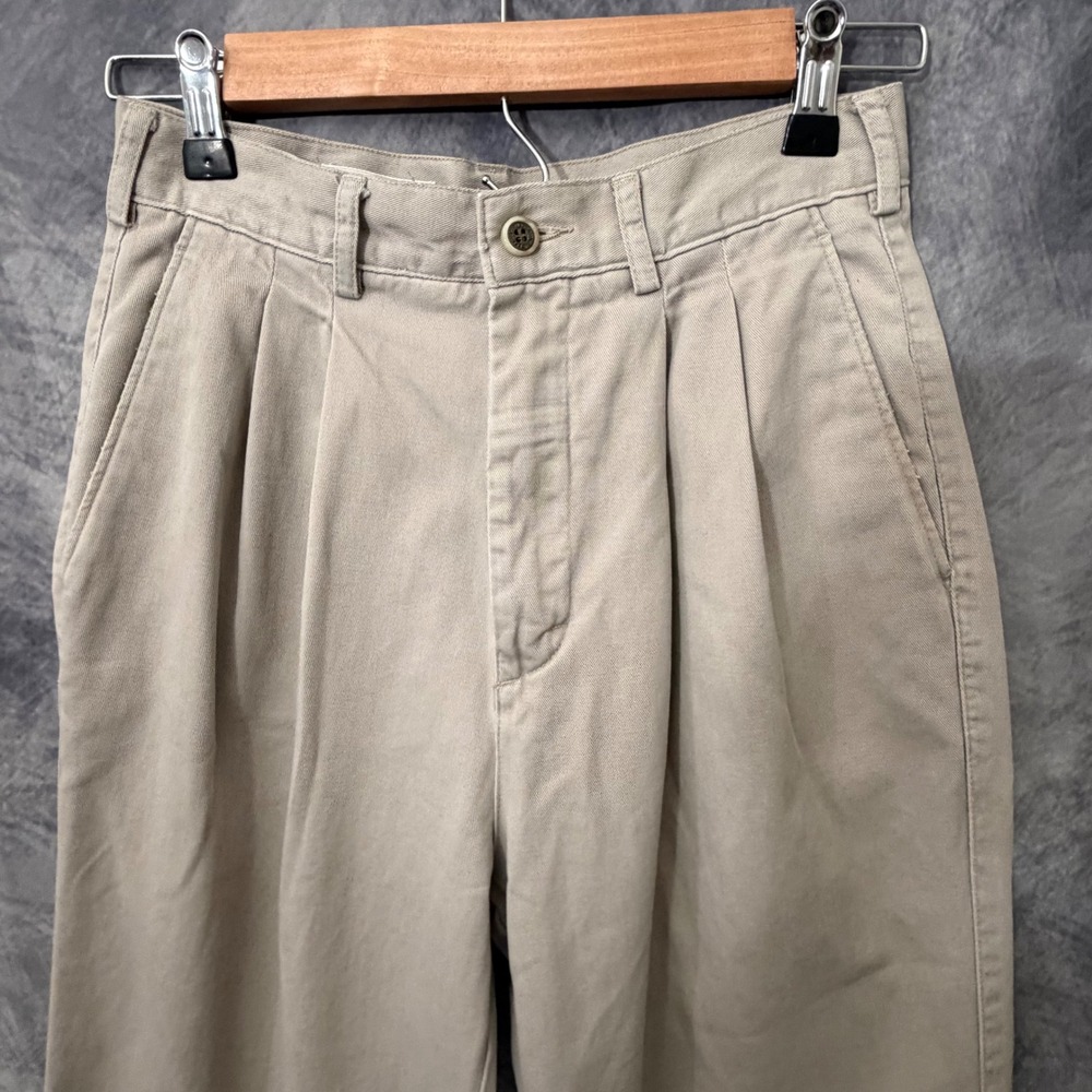 LL Bean Khaki Pleated High Rise Tapered Chino Pants 26x28 Preppy Coastal Vintage
